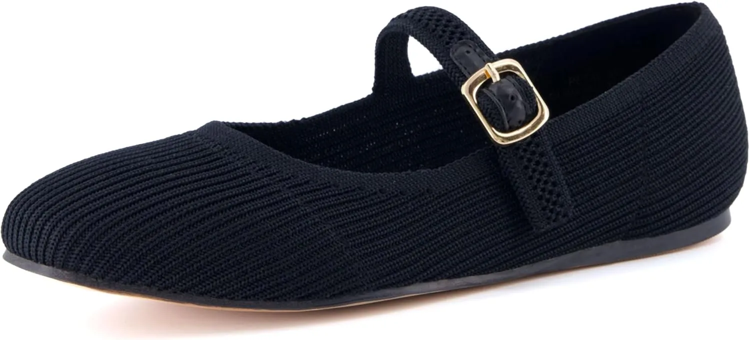 CUSHIONAIRE Women's Petal Mary Jane Knit Flat – Stretchy Textured Fabric, Adjustable Strap, Memory Foam, Available in Wide Widths, Comfortable & Lightweight