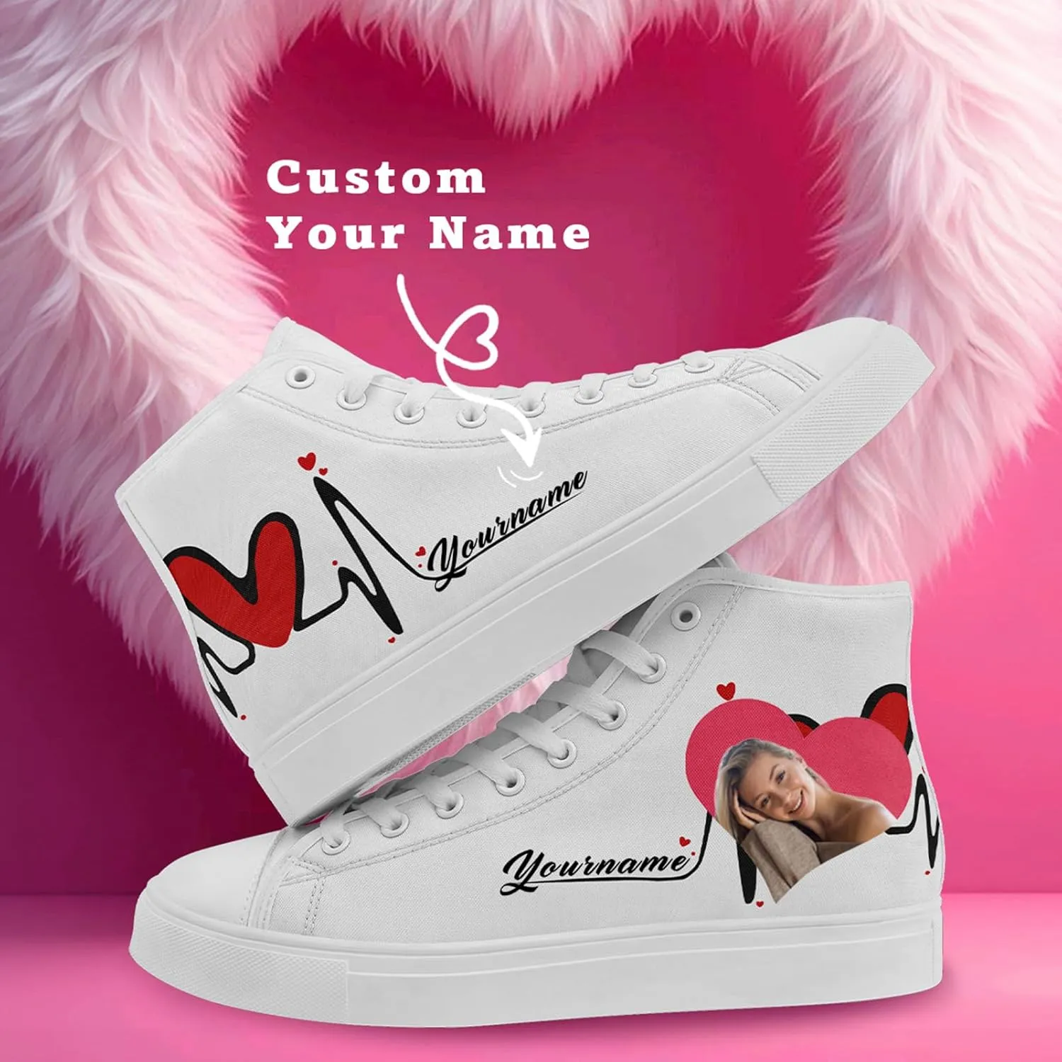 Custom Sneakers for Couples Romantic Gifts for Him Her Black White Personalized Trendy Love Unisex High-Top Canvas Shoes