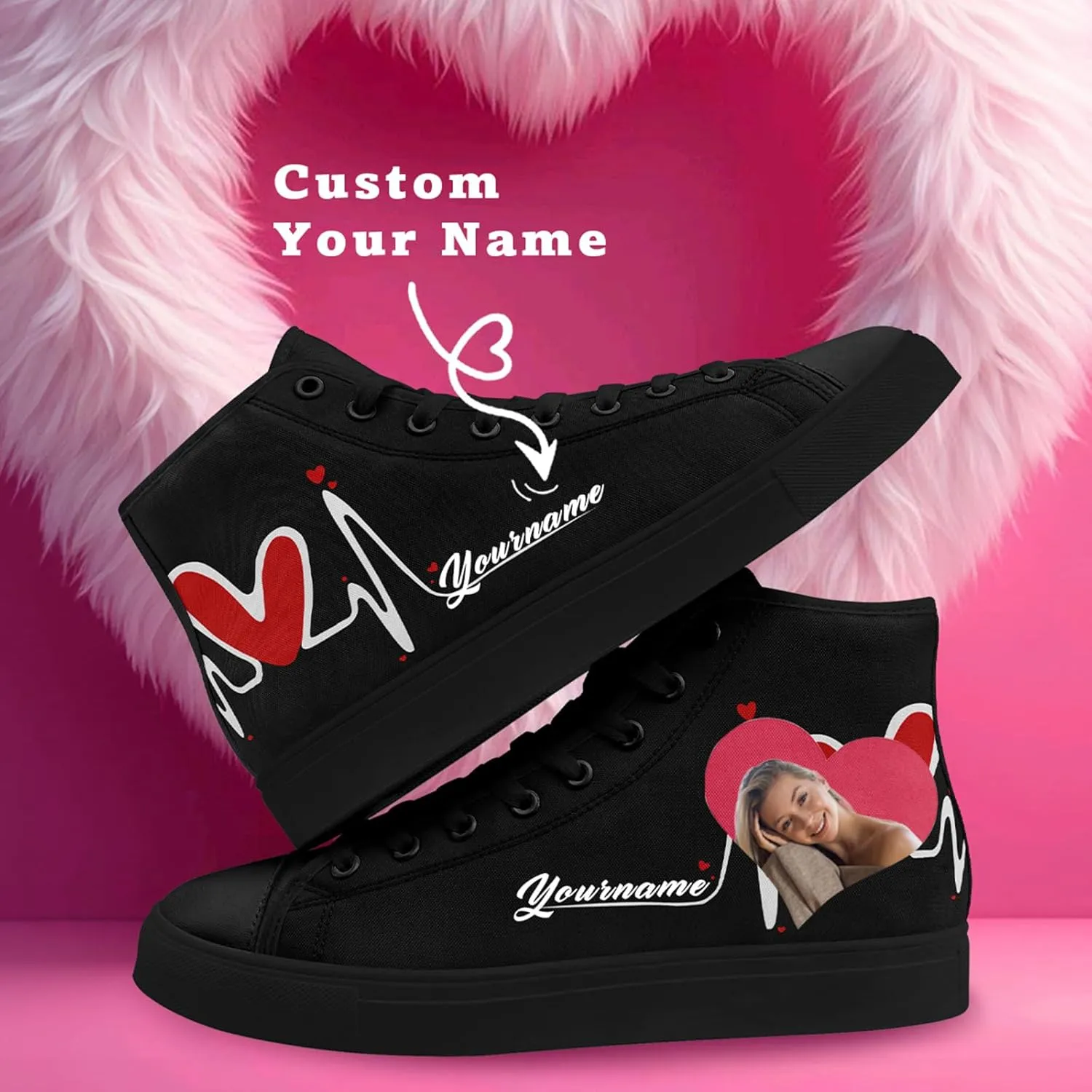 Custom Sneakers for Couples Romantic Gifts for Him Her Black White Personalized Trendy Love Unisex High-Top Canvas Shoes