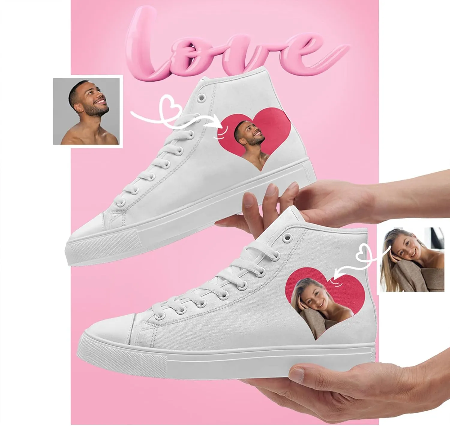 Custom Sneakers for Couples Romantic Gifts for Him Her Black White Personalized Trendy Love Unisex High-Top Canvas Shoes