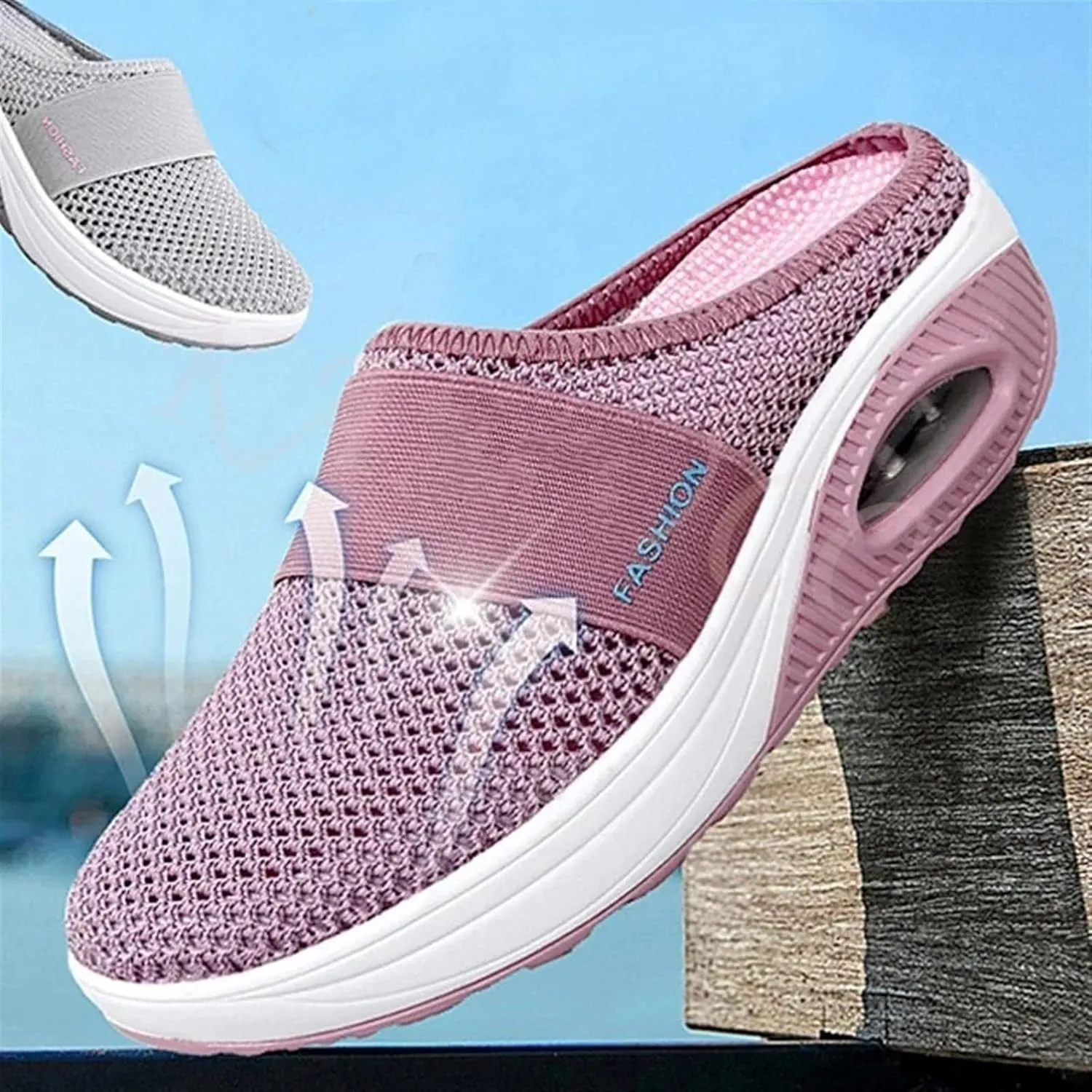 Diabetic Air-Cushion Slip-On Walking Shoes Summer Backless Walking Mules Orthopedic Diabetic Slippers Breathable Mesh Air Cushion Shoe Open Back Slip On Shoe Lightweight Slippers with Arch-Support