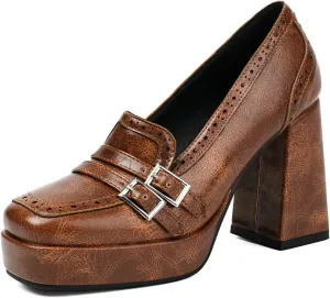 DINTAHA Womens Platform Heeled Loafers Oxford Heels for Women Vintage Heels Square Toe Chunky Heel Pumps