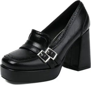 DINTAHA Womens Platform Heeled Loafers Oxford Heels for Women Vintage Heels Square Toe Chunky Heel Pumps