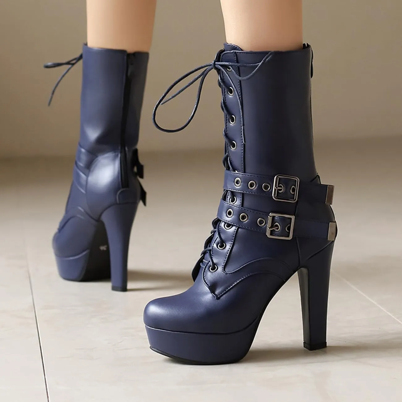 Fashion Womens Chunky High Heels Ankle Boots Lace up Platform Heels Booties