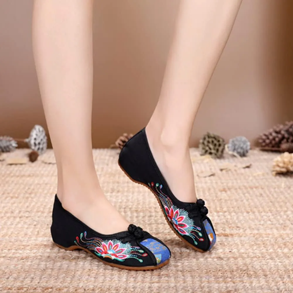 Floral Embroidered Shoes for Women Comfortable Round Toe Loafer Casual Mary Jane Ballet Flats Women's Handmade Flower Soft Canvas Shoes