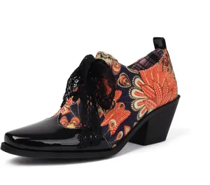 GORBINETI Women's Perforated Lace up Business Flower Brouge Oxford Shoes Wingtip Round Toe Mid Heel Oxford Retro Brogues Dress Shoes