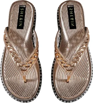 GORGLITTER Women's Summer Beach Flat Cute Sandals 2025 Flip Flops Chain Decor Textured Thong Slide