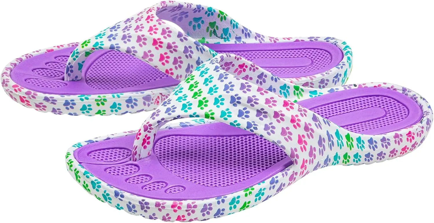 GreaterGood Walking Paws Flip Flops Colorful Lightweight Durable Cushioned Contoured Non Slip Textured Footbed Comfortable Beach Sandals for Women