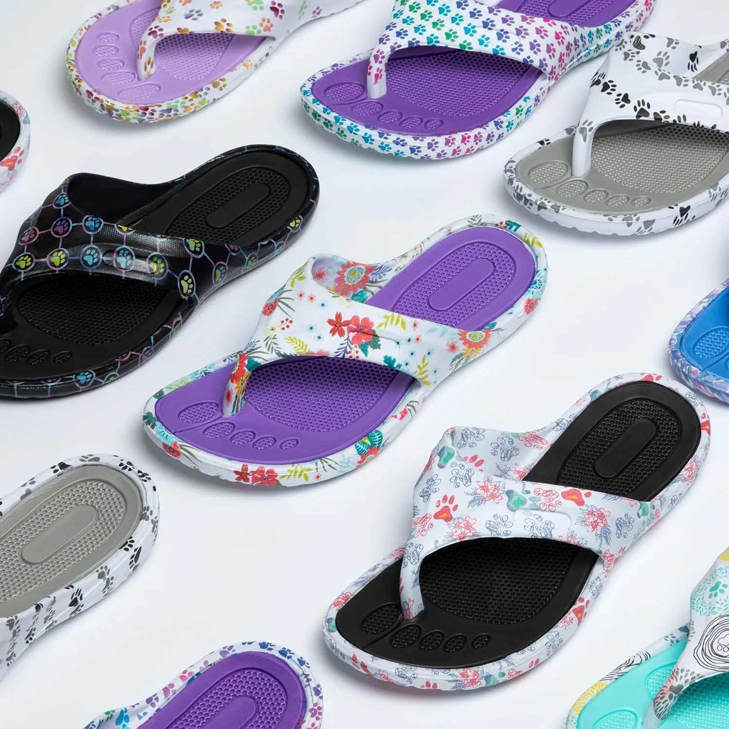 GreaterGood Walking Paws Flip Flops Colorful Lightweight Durable Cushioned Contoured Non Slip Textured Footbed Comfortable Beach Sandals for Women