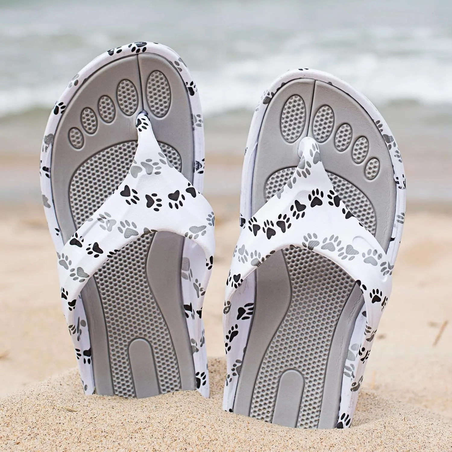 GreaterGood Walking Paws Flip Flops Colorful Lightweight Durable Cushioned Contoured Non Slip Textured Footbed Comfortable Beach Sandals for Women