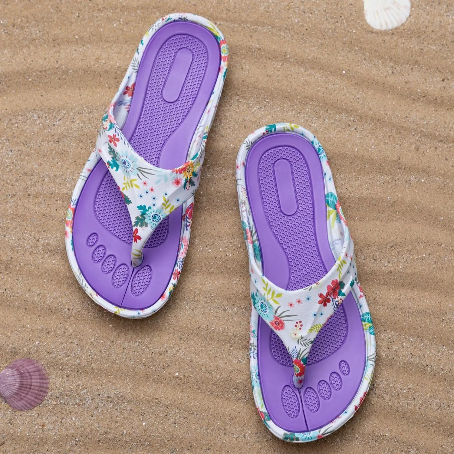 GreaterGood Walking Paws Flip Flops Colorful Lightweight Durable Cushioned Contoured Non Slip Textured Footbed Comfortable Beach Sandals for Women