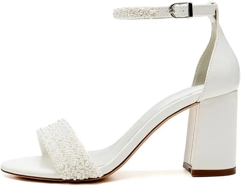 High Block Heel Wedding Sandals Beaded Wedding Shoes for Bride Ankle Strap Bridal Heels