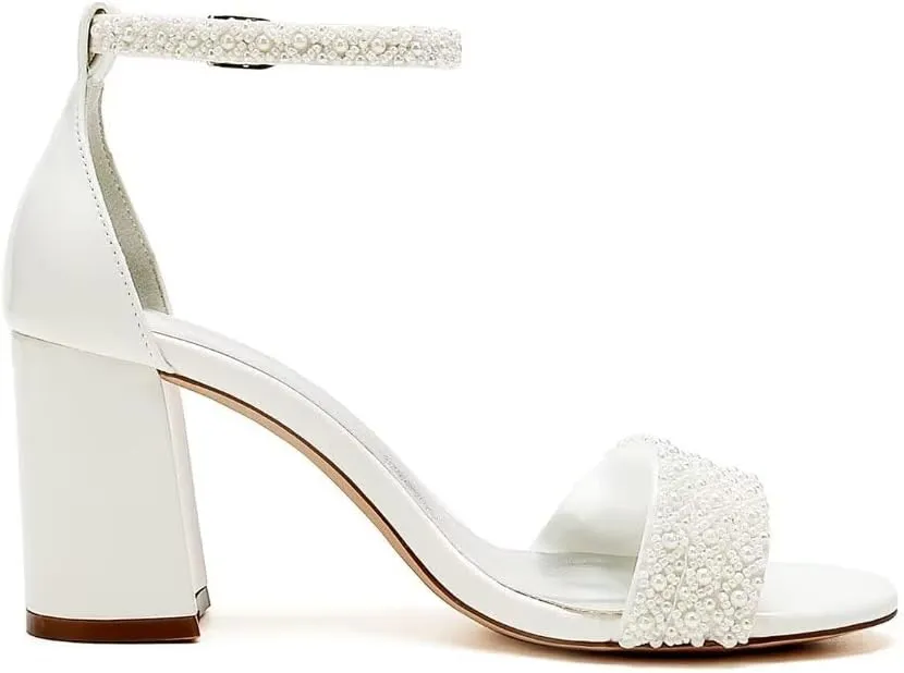 High Block Heel Wedding Sandals Beaded Wedding Shoes for Bride Ankle Strap Bridal Heels