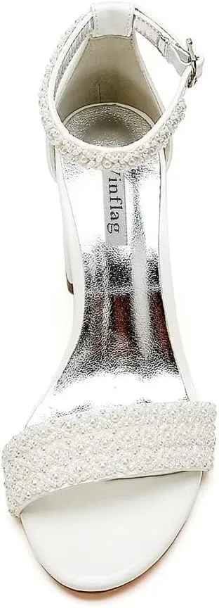High Block Heel Wedding Sandals Beaded Wedding Shoes for Bride Ankle Strap Bridal Heels
