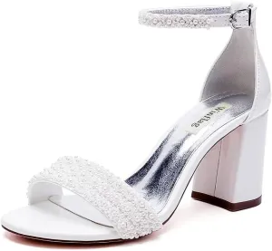 High Block Heel Wedding Sandals Beaded Wedding Shoes for Bride Ankle Strap Bridal Heels
