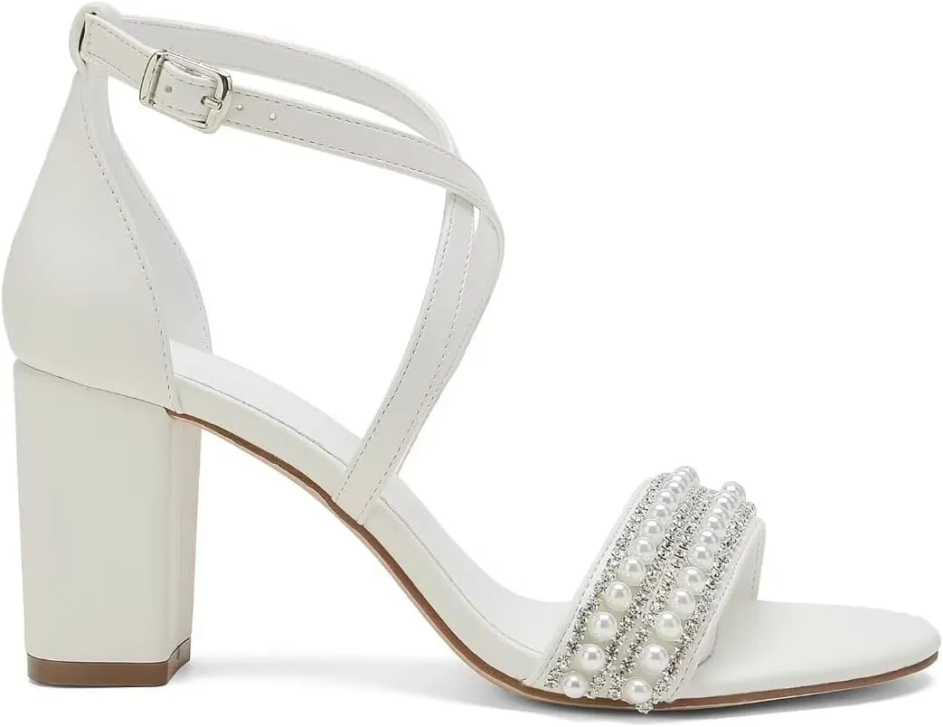 High Block Heel Wedding Sandals for Bride Cross Strap Women Heeled Sandal Open Toe Bridal Shoes