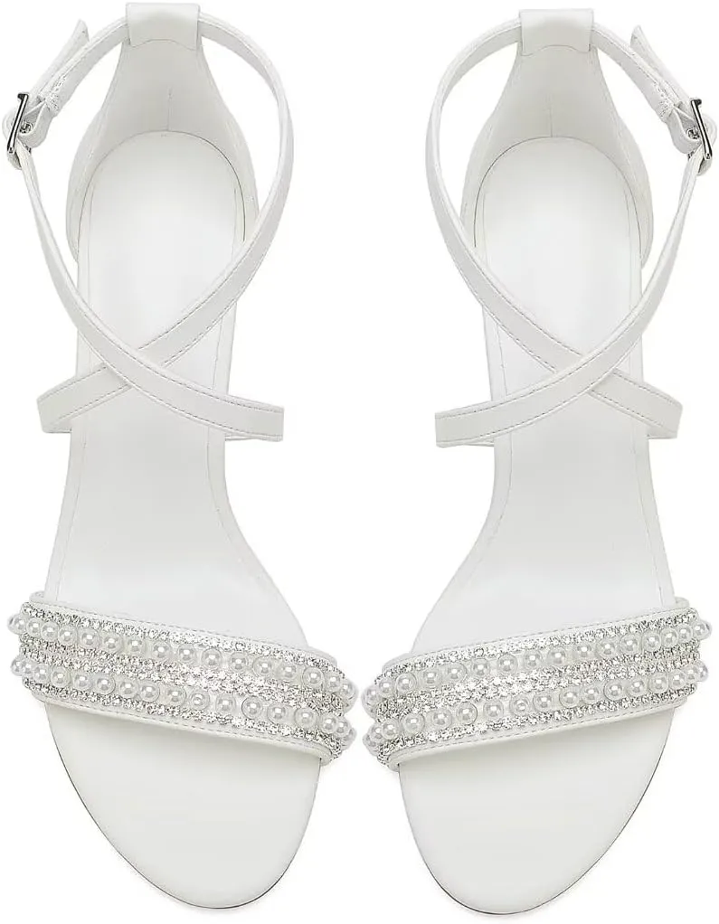 High Block Heel Wedding Sandals for Bride Cross Strap Women Heeled Sandal Open Toe Bridal Shoes