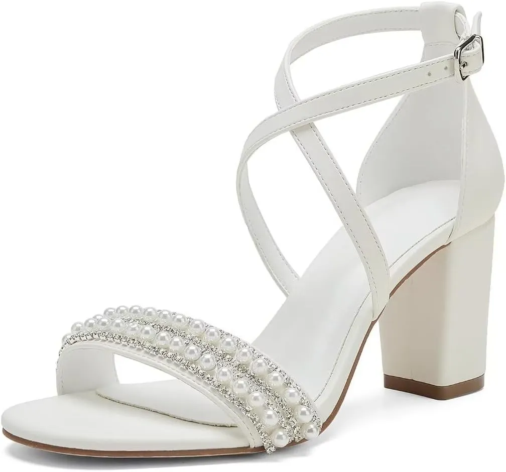 High Block Heel Wedding Sandals for Bride Cross Strap Women Heeled Sandal Open Toe Bridal Shoes