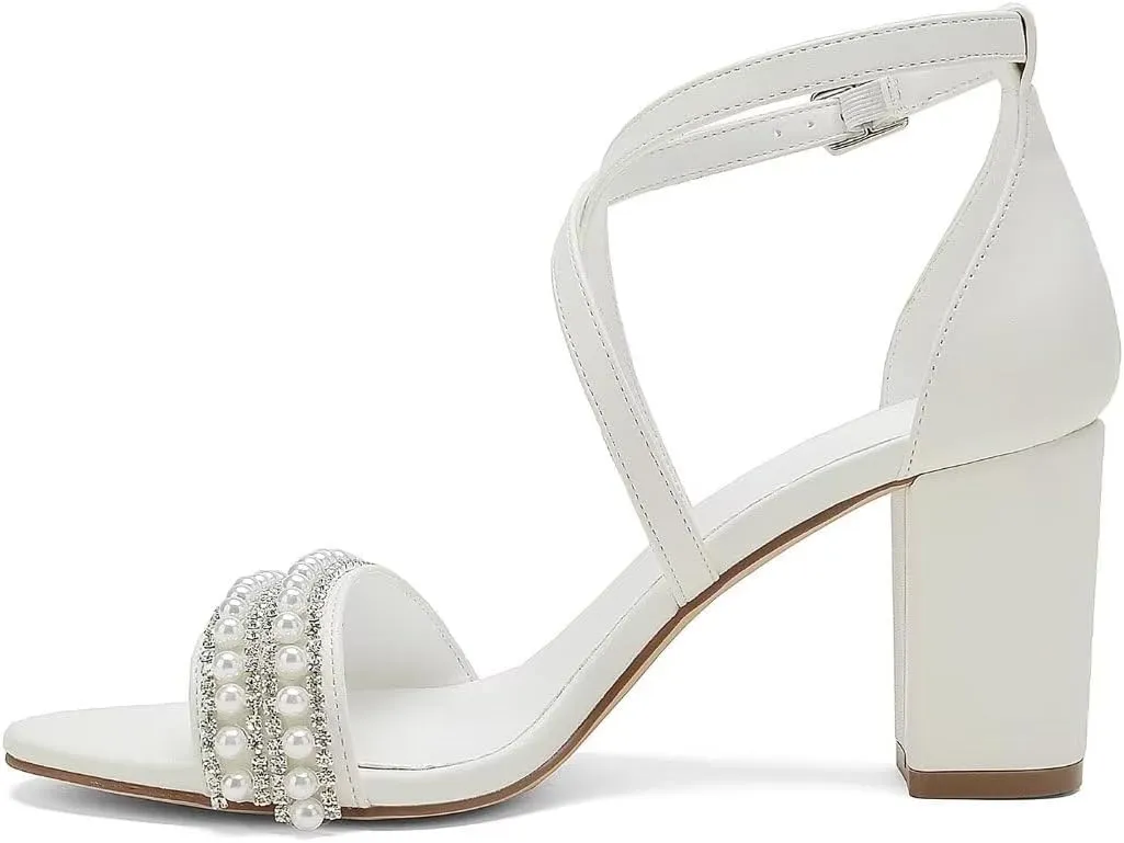 High Block Heel Wedding Sandals for Bride Cross Strap Women Heeled Sandal Open Toe Bridal Shoes