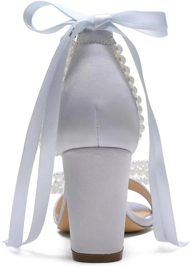 High Block Heel Wedding Sandals Pearl Heels with bow Open Toe Wedding Shoes for Bride