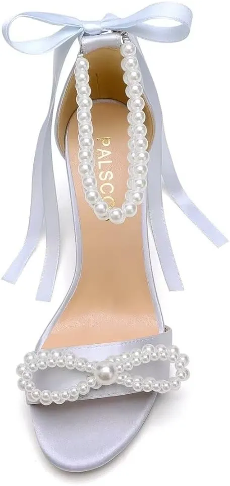 High Block Heel Wedding Sandals Pearl Heels with bow Open Toe Wedding Shoes for Bride