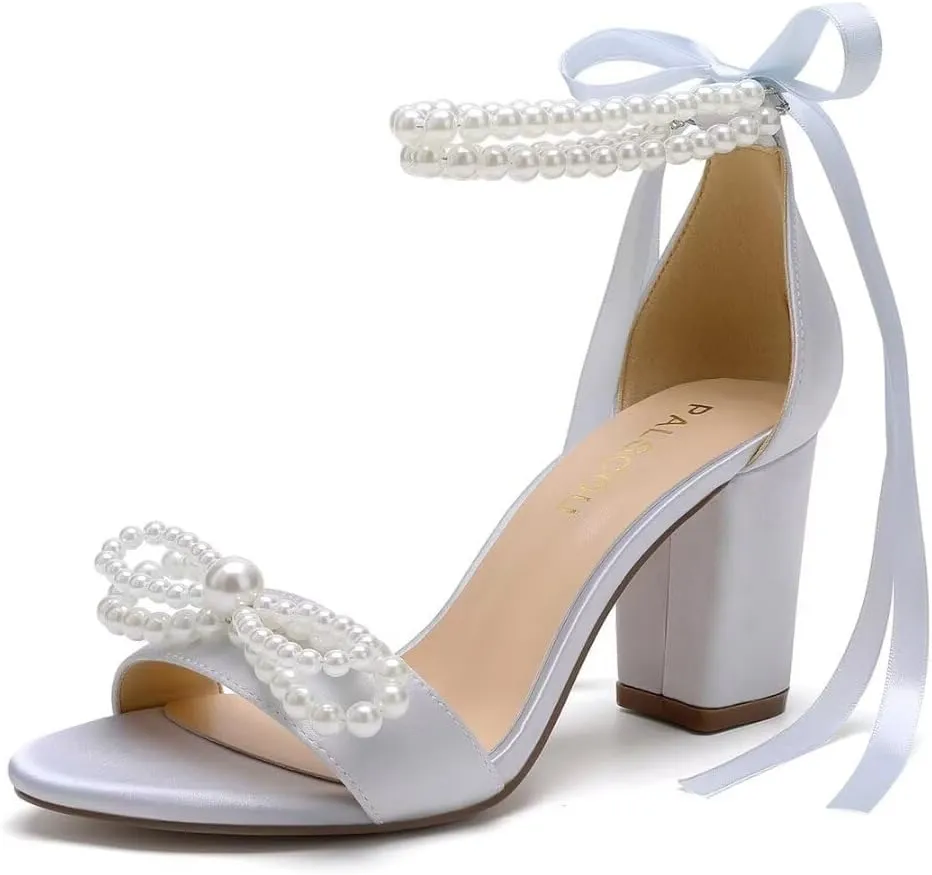 High Block Heel Wedding Sandals Pearl Heels with bow Open Toe Wedding Shoes for Bride