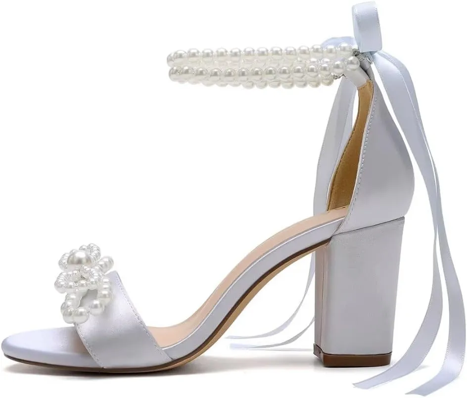 High Block Heel Wedding Sandals Pearl Heels with bow Open Toe Wedding Shoes for Bride