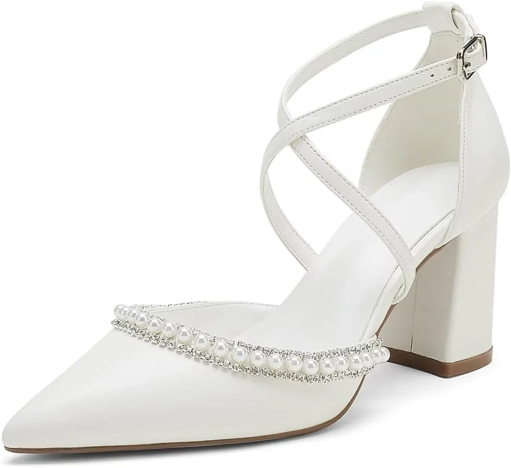 High Block Heel Wedding Shoes for Bride Closed Toe Pearl Bridal Shoes Women Chunky Heels