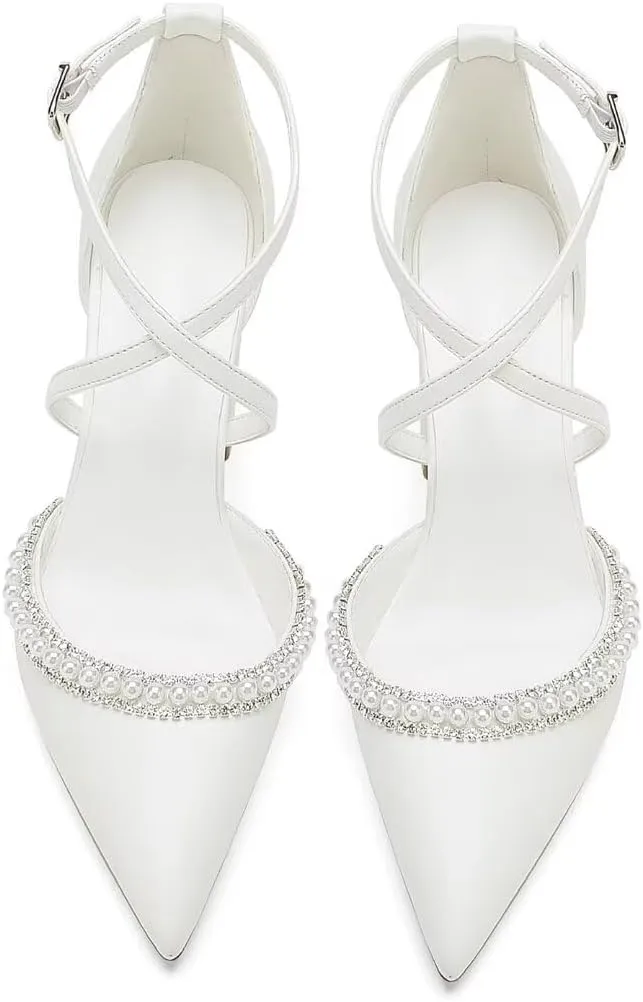 High Block Heel Wedding Shoes for Bride Closed Toe Pearl Bridal Shoes Women Chunky Heels