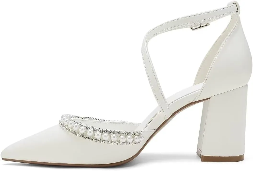 High Block Heel Wedding Shoes for Bride Closed Toe Pearl Bridal Shoes Women Chunky Heels