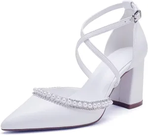 High Block Heel Wedding Shoes for Bride Closed Toe Pearl Bridal Shoes Women Chunky Heels