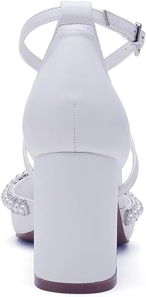High Block Heel Wedding Shoes for Bride Closed Toe Pearl Bridal Shoes Women Chunky Heels