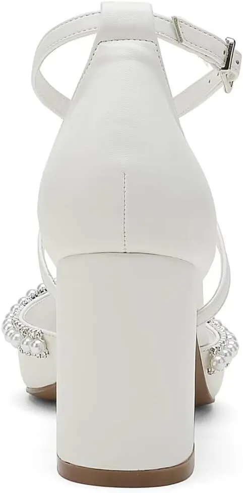High Block Heel Wedding Shoes for Bride Closed Toe Pearl Bridal Shoes Women Chunky Heels
