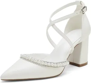 High Block Heel Wedding Shoes for Bride Closed Toe Pearl Bridal Shoes Women Chunky Heels