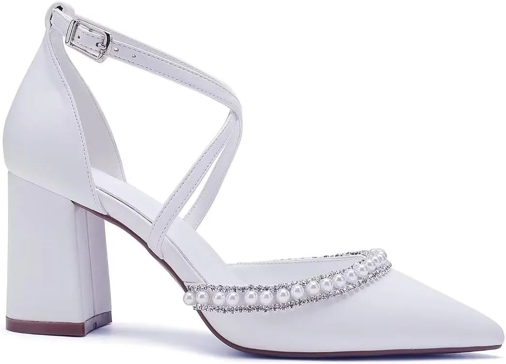High Block Heel Wedding Shoes for Bride Closed Toe Pearl Bridal Shoes Women Chunky Heels