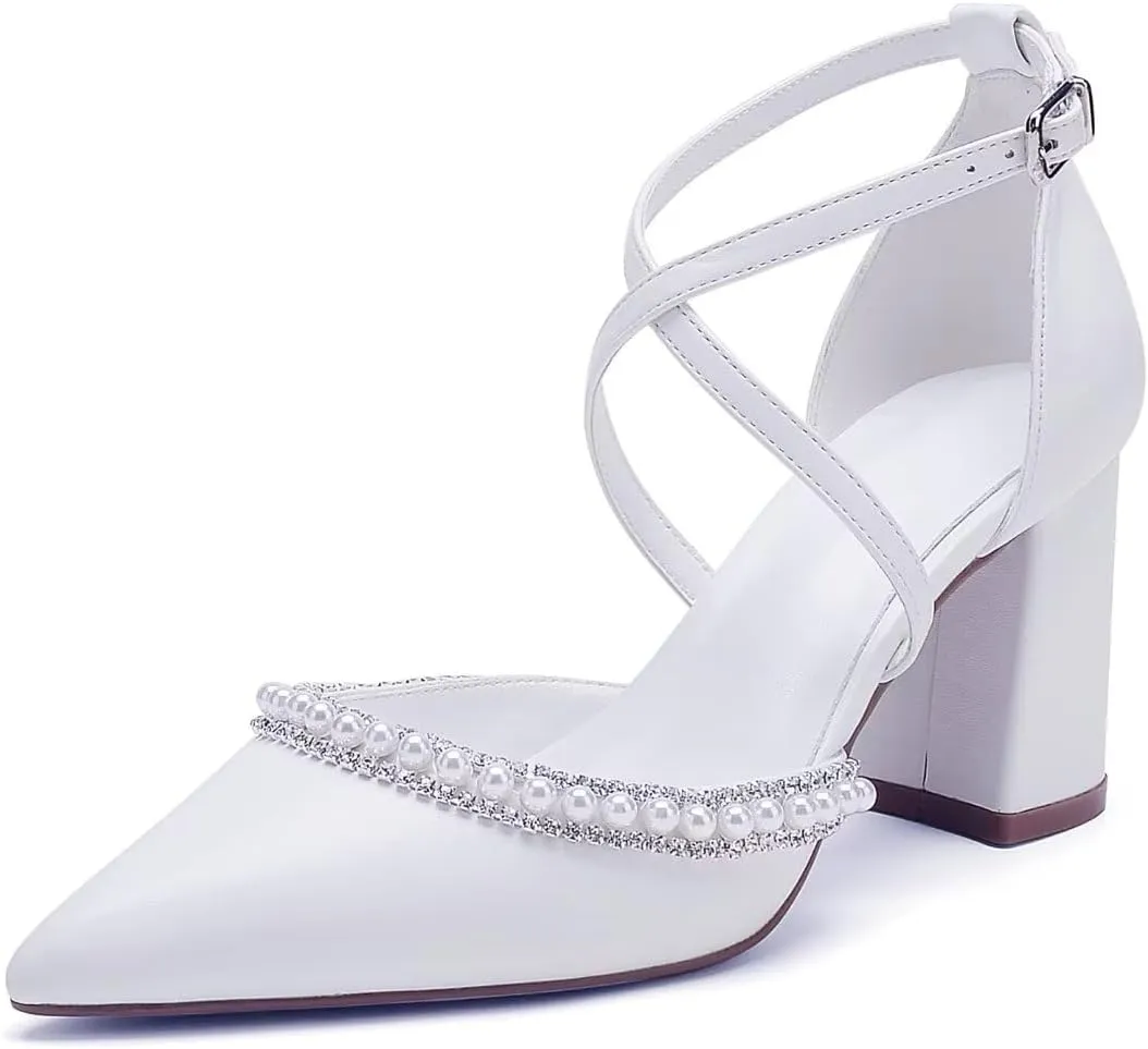 High Block Heel Wedding Shoes for Bride Closed Toe Pearl Bridal Shoes Women Chunky Heels