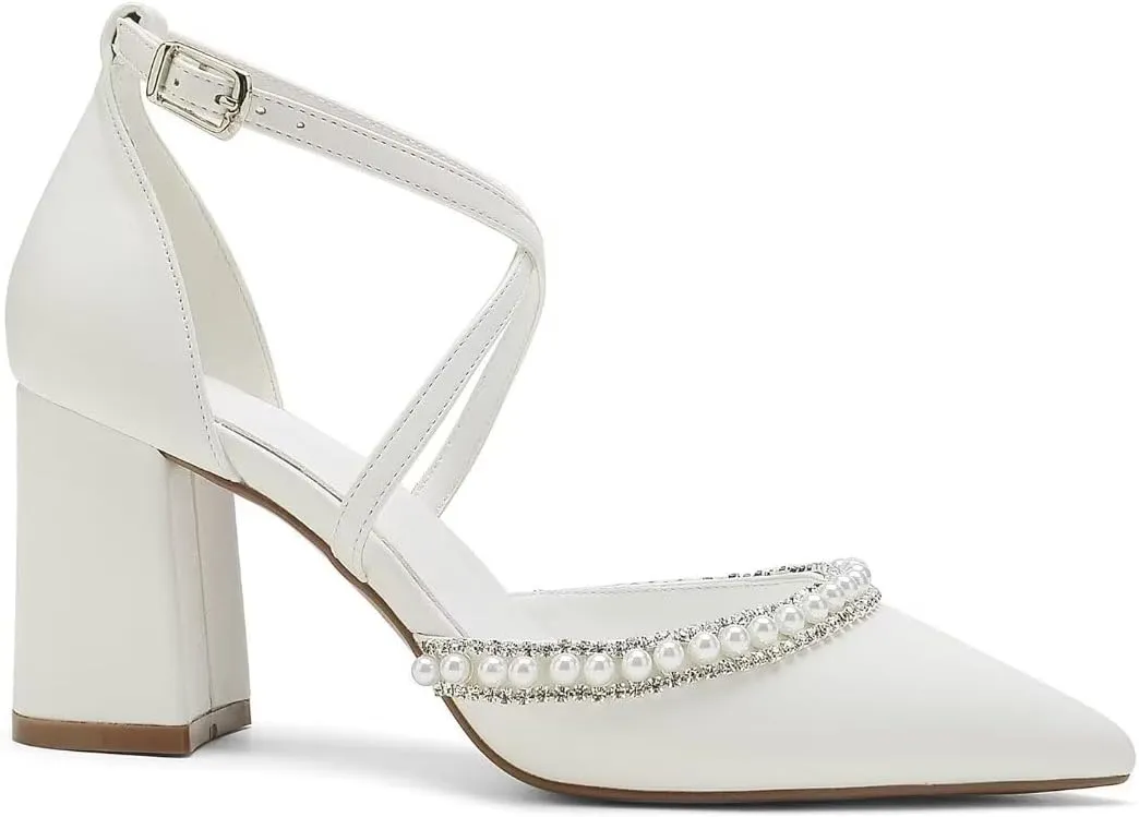 High Block Heel Wedding Shoes for Bride Closed Toe Pearl Bridal Shoes Women Chunky Heels