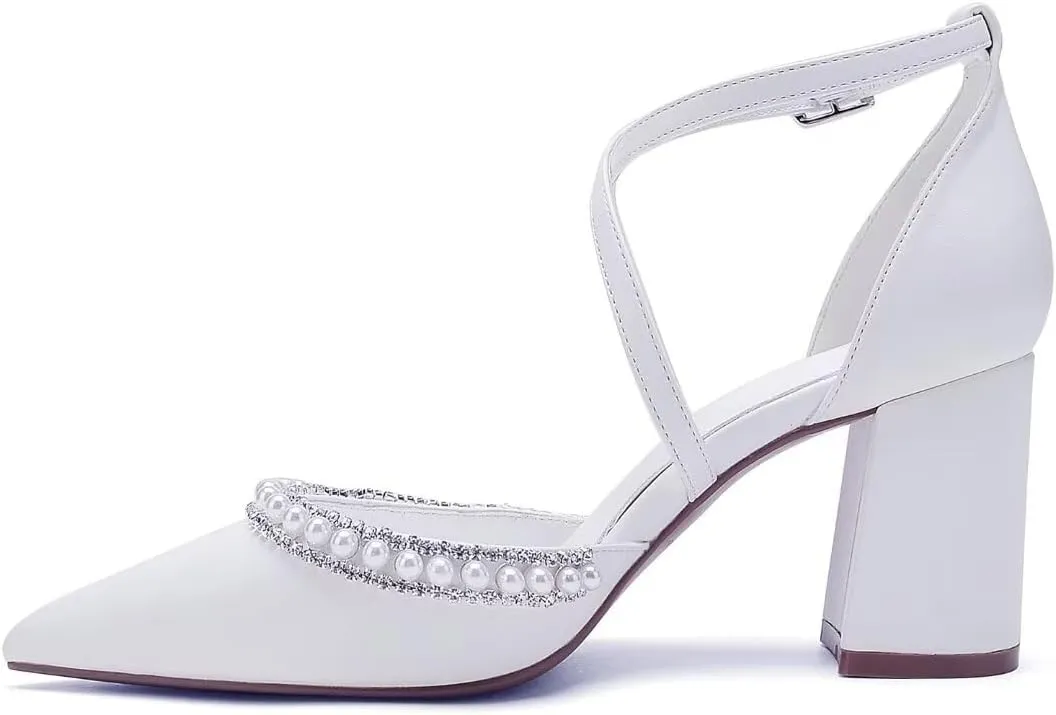 High Block Heel Wedding Shoes for Bride Closed Toe Pearl Bridal Shoes Women Chunky Heels