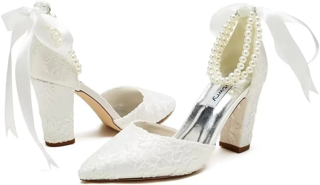 High Block Heel Wedding Shoes for Bride Pointed Toe Pearl Wedding Heels Bridal Shoes