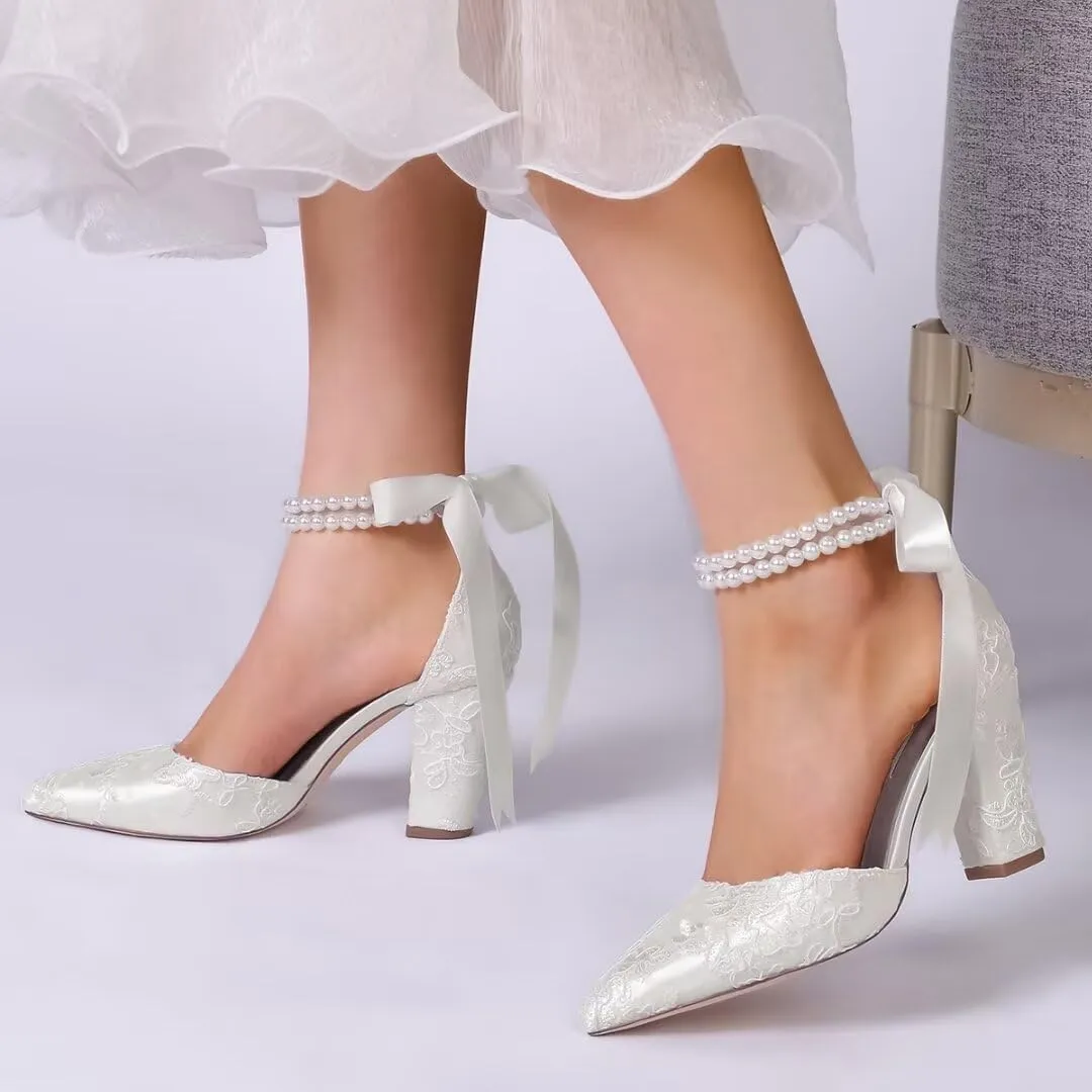 High Block Heel Wedding Shoes for Bride Pointed Toe Pearl Wedding Heels Bridal Shoes