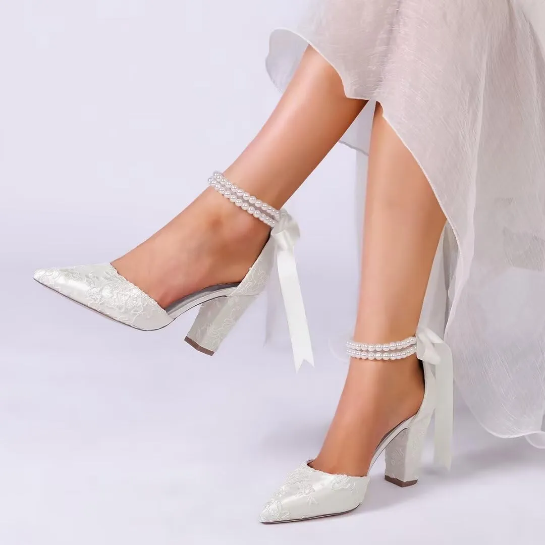 High Block Heel Wedding Shoes for Bride Pointed Toe Pearl Wedding Heels Bridal Shoes