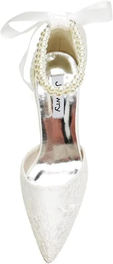 High Block Heel Wedding Shoes for Bride Pointed Toe Pearl Wedding Heels Bridal Shoes