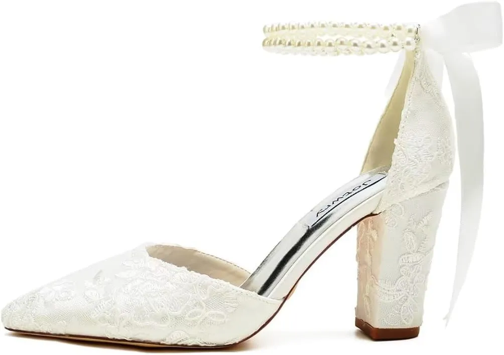 High Block Heel Wedding Shoes for Bride Pointed Toe Pearl Wedding Heels Bridal Shoes
