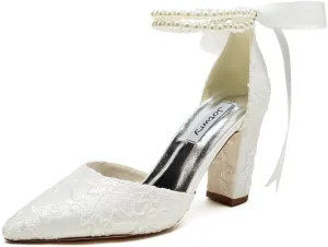 High Block Heel Wedding Shoes for Bride Pointed Toe Pearl Wedding Heels Bridal Shoes