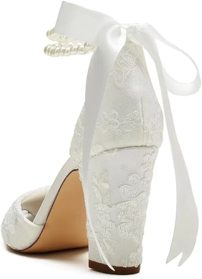 High Block Heel Wedding Shoes for Bride Pointed Toe Pearl Wedding Heels Bridal Shoes