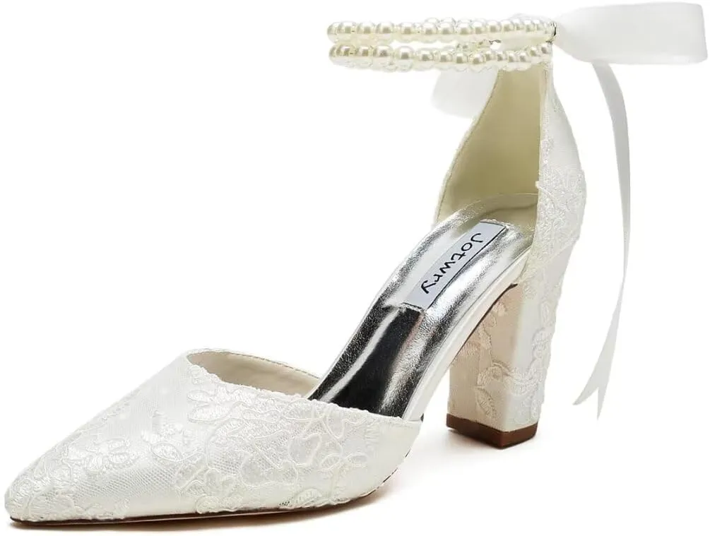 High Block Heel Wedding Shoes for Bride Pointed Toe Pearl Wedding Heels Bridal Shoes