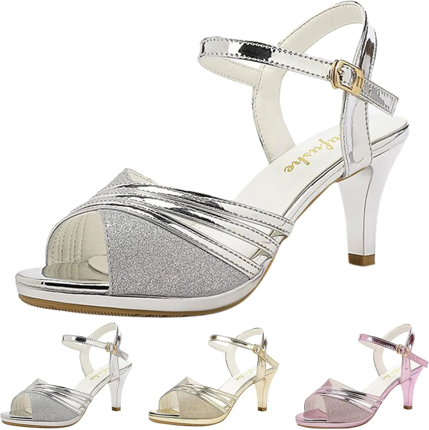 High Heels for Women High Block Chunky Sparkly Sandals Rhinestone Open Toe Sandals Ankle Strap Platform Heels