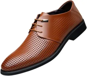Hollow Breathable Lace Up Round Toe PU Leather Shoes Rubber Sole Non Slip Block Heel Slip Resistant Low Top Party Dress Oxford for Men