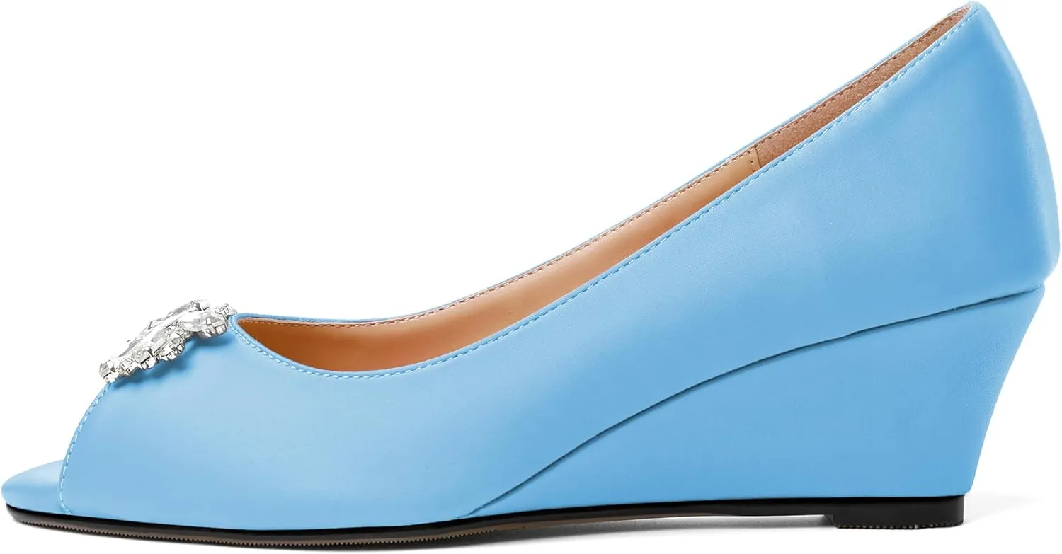 Joseywade Peep Toe Wedges Heels Pumps Low Wedge Heels 2 Inch Rhinstone Womens Slip On Pumps