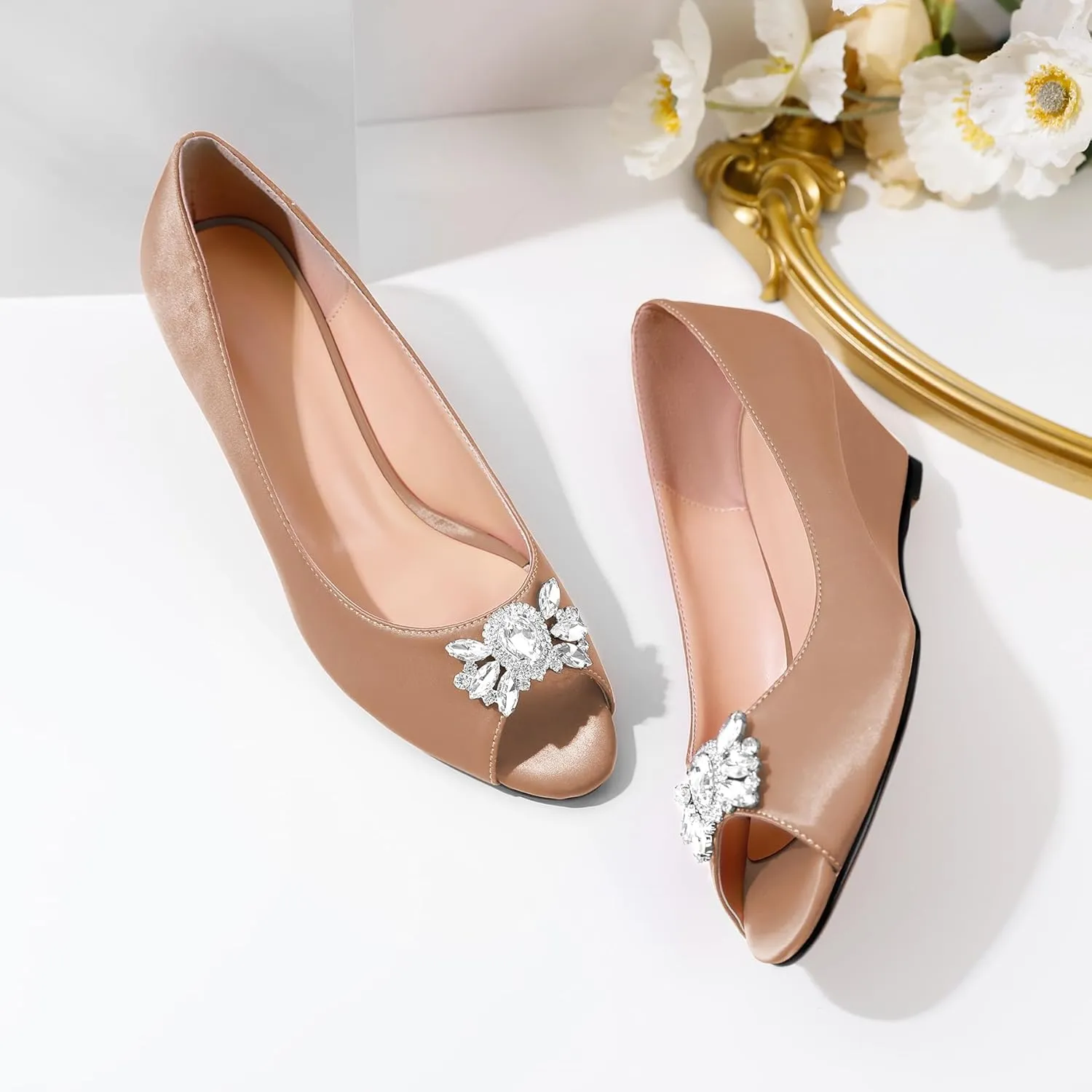Joseywade Peep Toe Wedges Heels Pumps Low Wedge Heels 2 Inch Rhinstone Womens Slip On Pumps